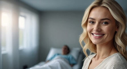 Poster - happy blonde woman hospital room background banner photo design with copy space