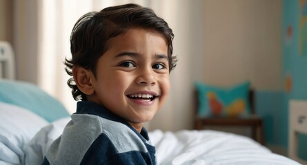 Poster - happy hispanic kid boy hospital room background banner photo design with copy space