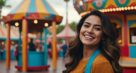 Poster - happy hispanic woman in theme park background banner photo design with copy space