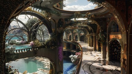 Poster - A view from inside a fantastical city, looking down at a winding path and two large pools of water. The city is filled with ornate architecture and lush greenery.