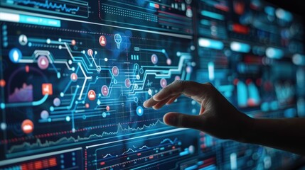 A hand is touching a computer screen with a lot of numbers and graphs. Generate AI image