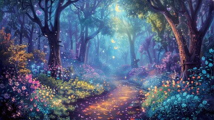 Fototapete - A mystical forest path illuminated by fireflies and moonlight, with colorful flowers blooming along the sides.