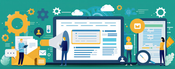 A group of people are working on a computer screen with a large, open email. Concept of collaboration and communication in a professional setting