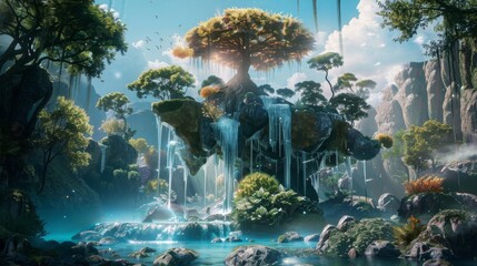 Aufkleber - A large tree stands atop a cliff overlooking a cascading waterfall in a vibrant, mystical forest. Lush greenery surrounds the waterfall and the cliff face, while sunlight filters through the canopy.