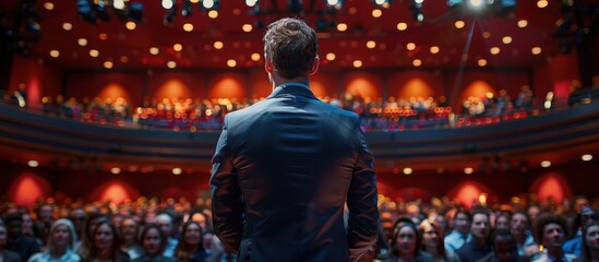 Wall Mural - Businessman Delivering a Motivational Speech to a Large Audience in a Modern Auditorium