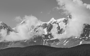 Sticker - Black and white landscape, snow-capped mountain peaks, traveling in the mountains, climbing