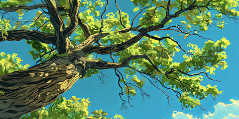 Wall Mural - the large branch of the tree stretched out its leaves and branches, generative ai