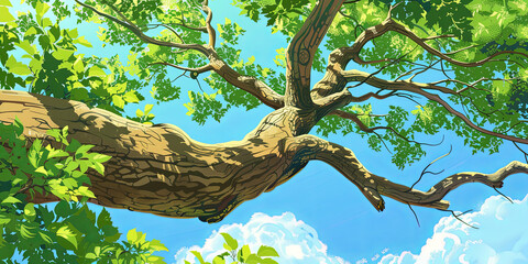 Wall Mural - the large branch of the tree stretched out its leaves and branches, generative ai
