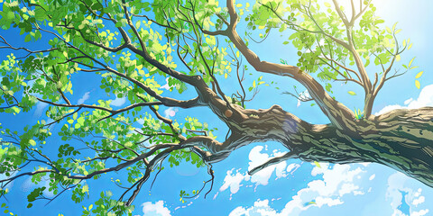Wall Mural - the large branch of the tree stretched out its leaves and branches, generative ai