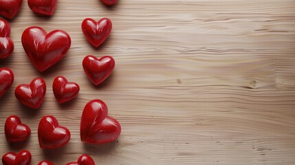 Poster - Red heart shapes on a light wood backdrop ready for text Overhead view High resolution image