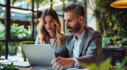 Wall Mural - Two business people, a man and a woman, working together using a laptop computer while sitting at a desk in an office. The business concept photo for tech and copy space.