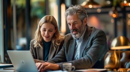 Wall Mural - Two business people, a man and a woman, working together using a laptop computer while sitting at a desk in an office. The business concept photo for tech and copy space.