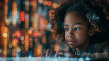 Wall Mural - A young girl with curly hair is looking at a computer screen