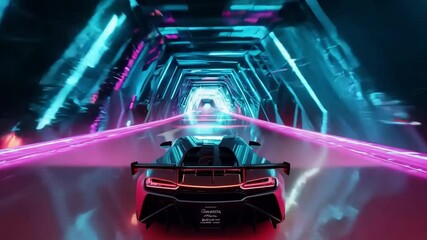 Aufkleber - A black sports car drives down a neon-lit tunnel with blue and pink lights illuminating the path.