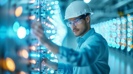 Engineer Working on Data Center Servers,male engineer in hard hat and safety glasses working on illuminated servers in a data center.