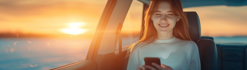 Woman Smiling with Phone in Car