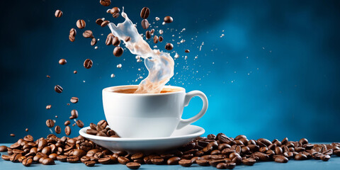 Dynamic coffee splash in a white cup with flying beans