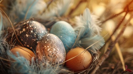 Poster - Brown and blue Easter eggs nestled in feathers and branches with selective focus and toning