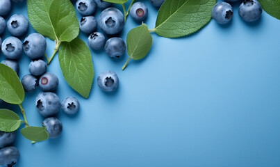 Wall Mural - Many fresh blueberries and leaves on blue background