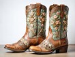 © Caitlin - Two sets of vintage cowboy boots, one with dusty spangled design, the other with delicate floral patterns, stand side by side, perfectly polished and gleaming.