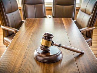 A gavel lies on a wooden desk, surrounded by contract papers, as two empty chairs face each other, symbolizing a successful agreement or partnership.