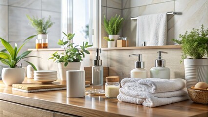 Refreshing morning ritual depicted through luxuriant bathroom countertop featuring assorted skincare products and sleek mirror reflection of creams.