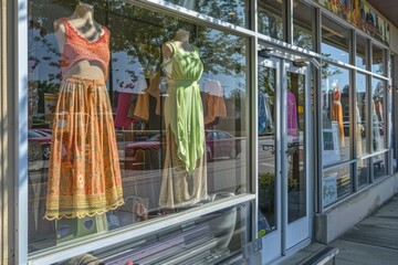 Exterior view of a retail women’s clothing store with promotional signs showing 50% off. Special summer offers and discounts displayed on the window doors attract customers.