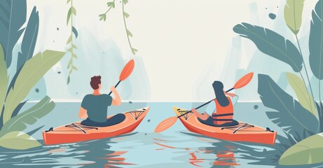 Kayaking adventure along scenic river with lush forest and plant life, nature exploration trip concept illustration