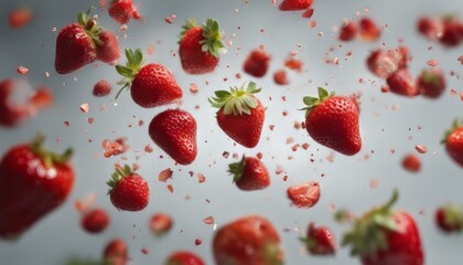 Wall Mural - The composition of strawberries. Cut strawberries into pieces flying in the air