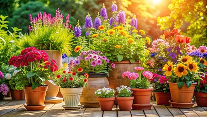 Colorful flowers in various sized pots on a sunny patio, blooms, gardening, decorations, plants, vibrant, outdoor