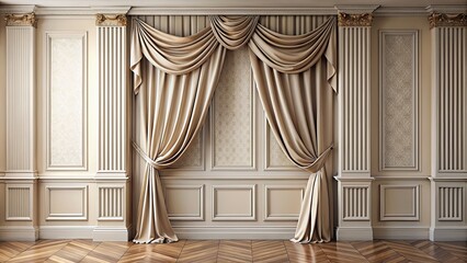 Elegant draped curtains hanging on a classic wall , elegant, draped, curtains, classic, wall, interior, design, decor