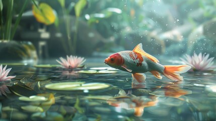 A serene freshwater aquarium, elegant koi fish, water lilies floating on the surface