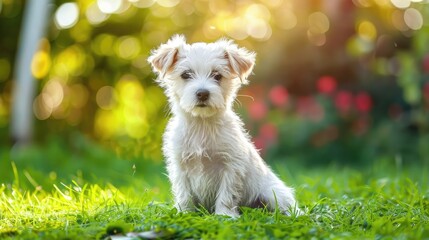 Poster - A Funny White Puppy Sits Outdoors in the Grass on a Lawn