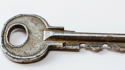 Close up of well worn steel key on white background Emphasizing safety and security