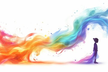 Wall Mural - Person walking through vibrant, abstract rainbow trail symbolizing journey and exploration