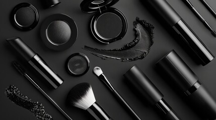 Canvas Print - Black and white makeup collection on dark backdrop