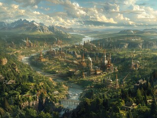 Epic Aerial View of Vast Fantasy Kingdom with Enchanted Castles, Lush Green Landscapes, and Flowing Rivers Under Cloud-Filled Skies