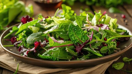 Wall Mural - Fresh mixed green salad on a ceramic plate, featuring an assortment of leafy greens, spinach, and purple lettuce on a wooden table setting.