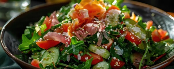 Wall Mural - A fresh and vibrant salad with mixed greens, cherry tomatoes, cucumbers, and shredded carrots, topped with sesame seeds in a dark bowl.