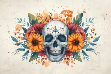 Flower offerings for Dia De Los Muertos, bright marigold bouquets with intricate designs, festive atmosphere, traditional significance, watercolor style, highly detailed