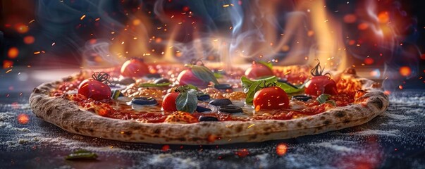 Wall Mural - Delicious pizza with fresh toppings like tomatoes and basil, set against a dramatic fiery background, perfect for food enthusiasts.