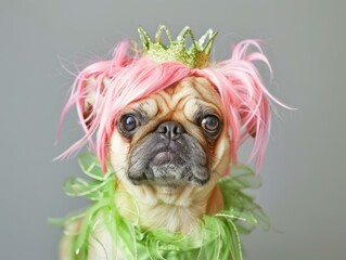 Canvas Print - A small dog wearing a pink wig and green dress. AI.