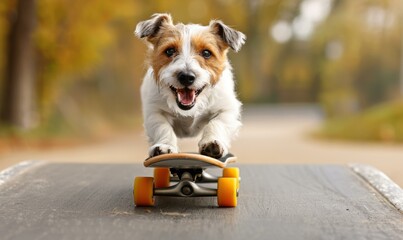 Wall Mural - A small dog riding a skateboard on the street. AI.