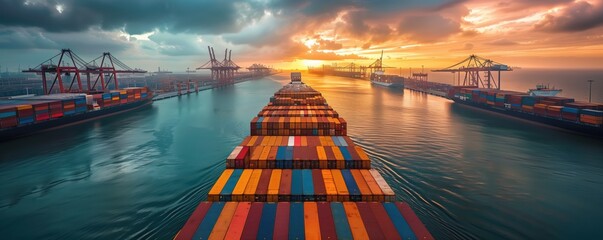 Wall Mural - Sunset Over Container Ship at Port. Container ship loaded with colorful containers moving through a port at sunset, with cranes lining the waterway.