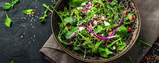 Wall Mural - Fresh green salad with mixed vegetables, seeds, and a sprinkle of cheese, served in a beautiful bowl on a dark background.