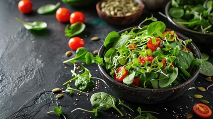 Wall Mural - Fresh green salad with spinach, cherry tomatoes, and seeds in a black bowl on a dark background. Healthy eating and vegan food concept.