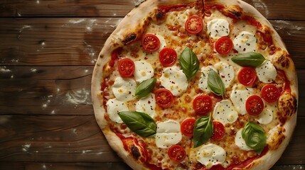 Delicious Italian pizza with mozzarella cheese and tomatoes Top view Food delivery : Generative AI