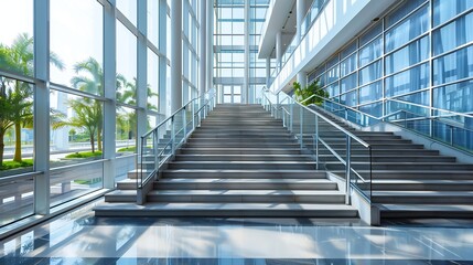 Poster - A wide staircase along the large windows in an office building Modern interior of the lobby of an office building with large spacious windows Illuminated long corridor in a modern busi : Generative AI