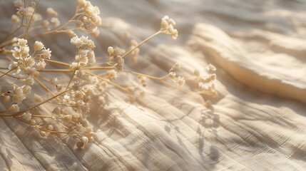Aufkleber - Aesthetic natural minimalistic background elegant sunlight floral shadows on a neutral beige linen texture pleated tablecloth background with copy space : Generative AI