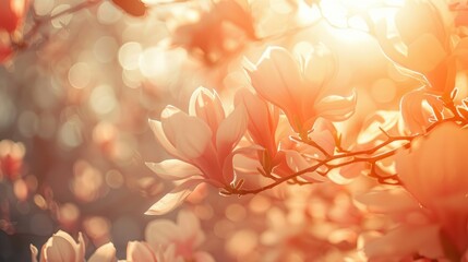 Wall Mural - Blooming magnolia tree flowers in spring sunlight